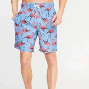 Old Navy Men’s Blue Pink Flamingo Print Drawstring Swim Trunks Board Shorts M